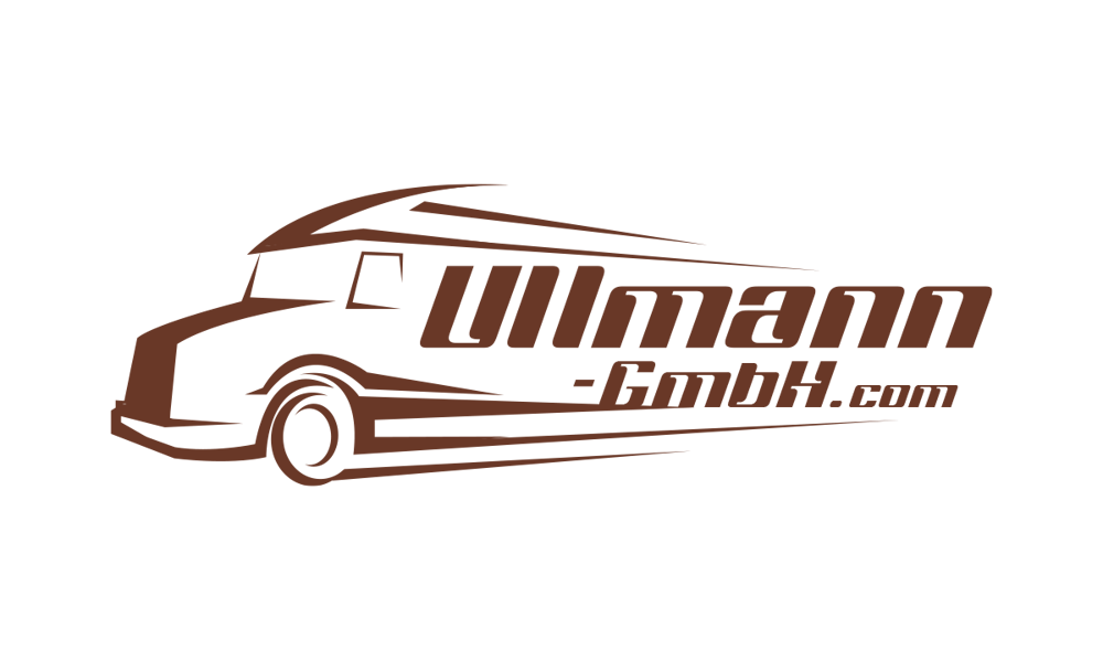 Braunes Logo auf grünem Hintergrund: stilisiertes LKW-Profil mit "Ullmann -GmbH.com".
